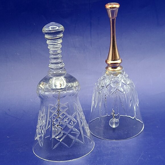 Pair Vintage Crystal Glass Hand Table Bells Unknown Makers 6.5" and 5.5" High - Picture 3 of 10